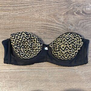 Vintage 80s Gian Nicole Black & Gold Embroidered Lace Strapless Bustier Bra